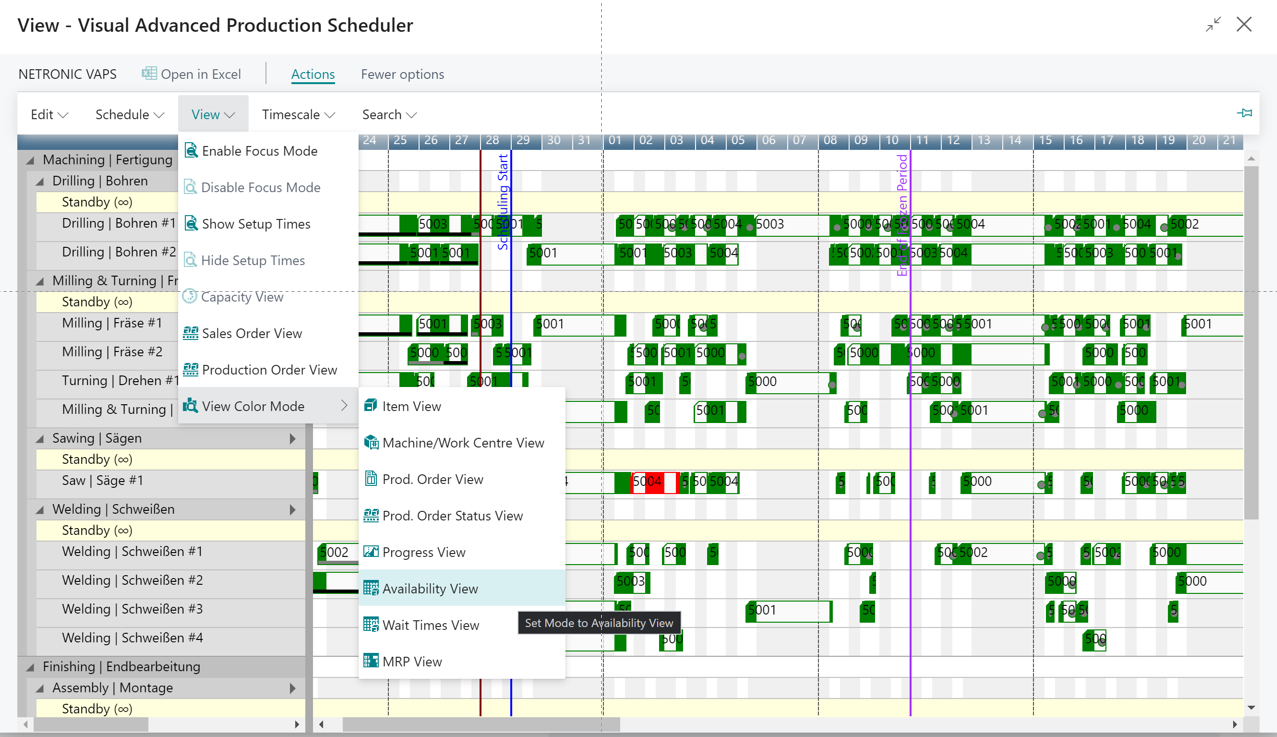 Visual Advanced Production Scheduler for Microsoft Dynamics 365 Business Central - Material availability view